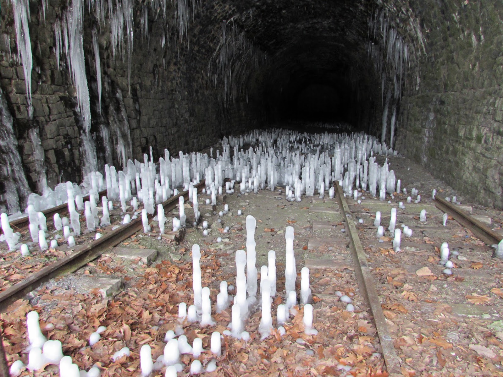 ice stalagmites in a tunnel